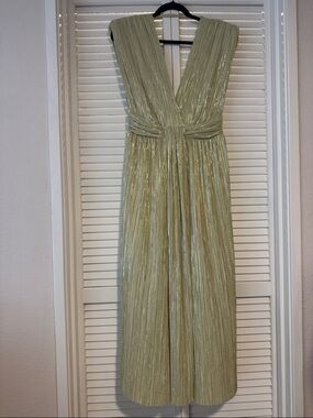 Sabina Musayev Metallic Sage Green Plunging V-Neck Maxi Dress
